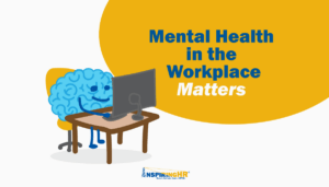 A cartoon brain sitting at a computer, minding its mental health