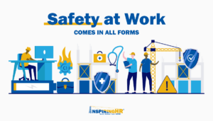 Graphic showing different ways employers and employees practice safety at work. The graphic is associated with an article on cybersecurity and HR.