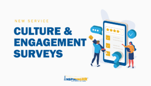 Graphic showing man with large pencil checking a box next to a woman holding a clip board and asking a question. The graphic is associated with employee engagement surveys.